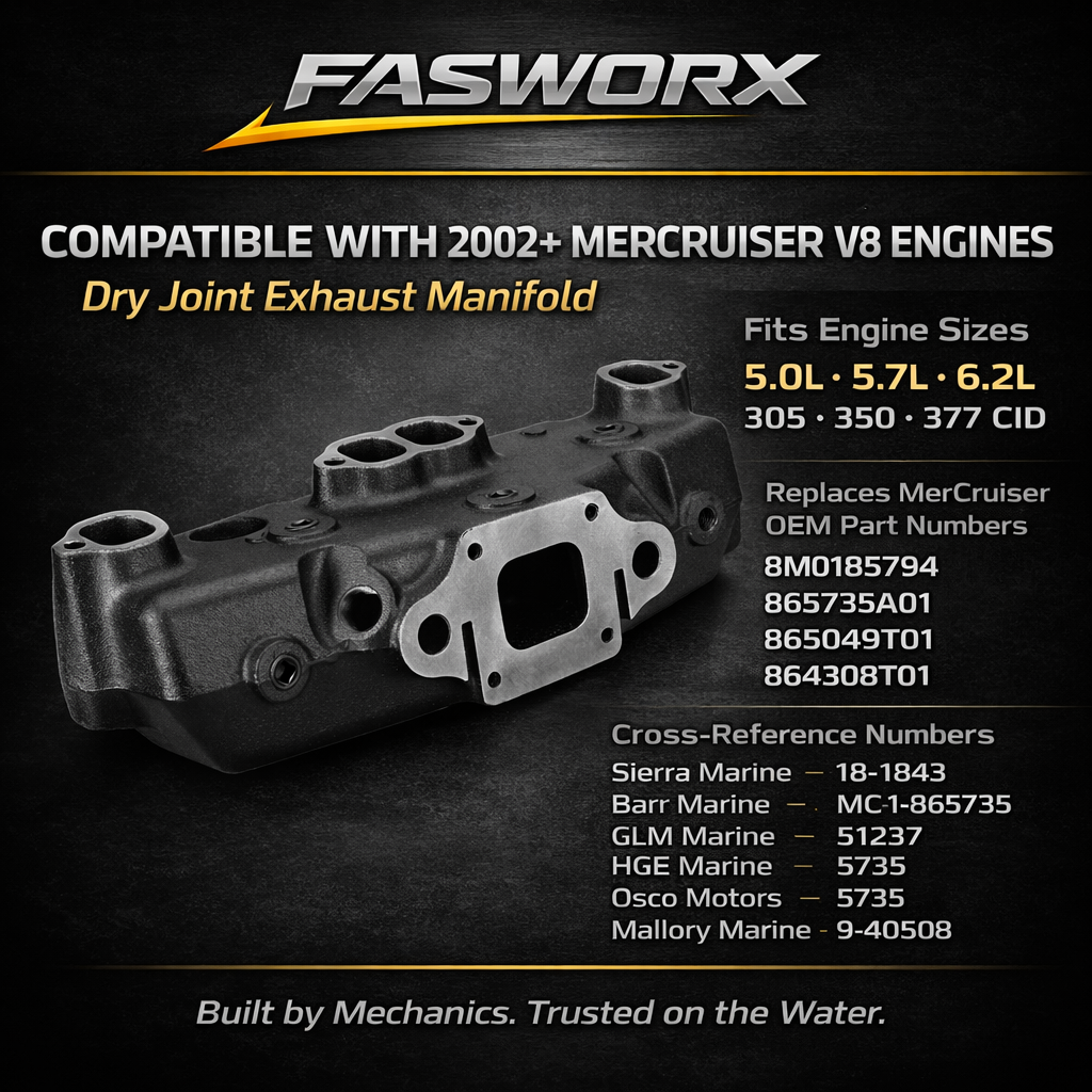 Exhaust Manifold & Riser/Elbow Kit w/ 3″ Spacer Replaces MerCruiser: 864612A02, 864591A01, 865735A01; Sierra: 18-1965, 18-1987; GLM: 51240, 51245; Barr: MC-1-864612, MC-20-864591