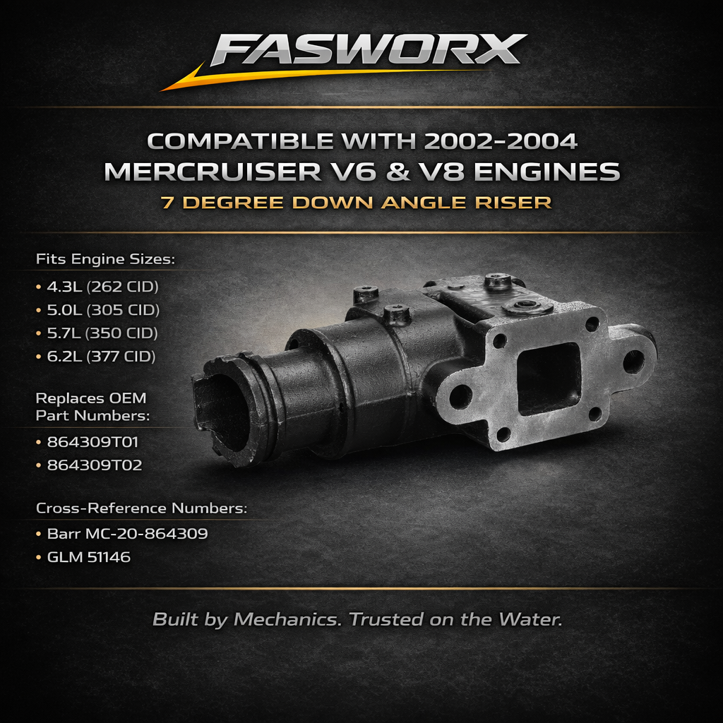 FASWORX Manifold & Riser Kit for MerCruiser 5.0L & 5.7L & 6.2L V8 (305/350/377), 7 Degree Riser Elbow, 3 Inch Spacer Short Bolt, Dry-Joint 2002-2004 - Replaces 865735A02